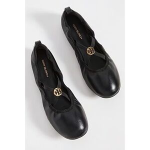 New Tory Burch Soft Scrunch Ballet Leather Flats Black Sz 7.5